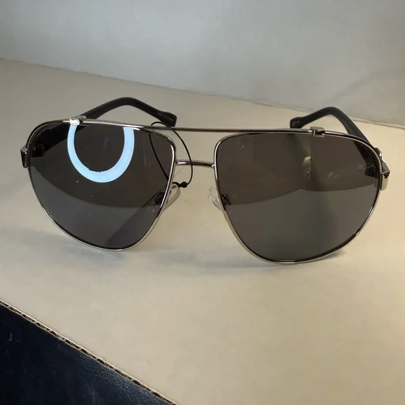 GG Silver Metal Aviator Sunglasses with Black Temples and Red/Green Stripe - Picture 2 of 3